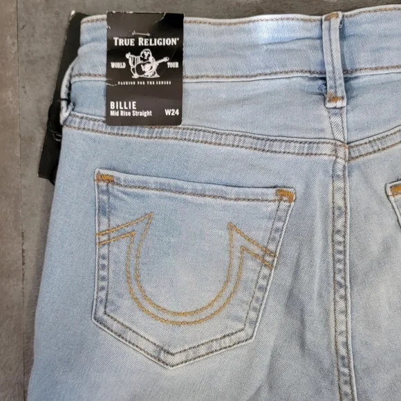 True Religion Women's Billie Mid Rise Straight Leg Jean, Light Wash, Size 24 - Picture 10 of 13